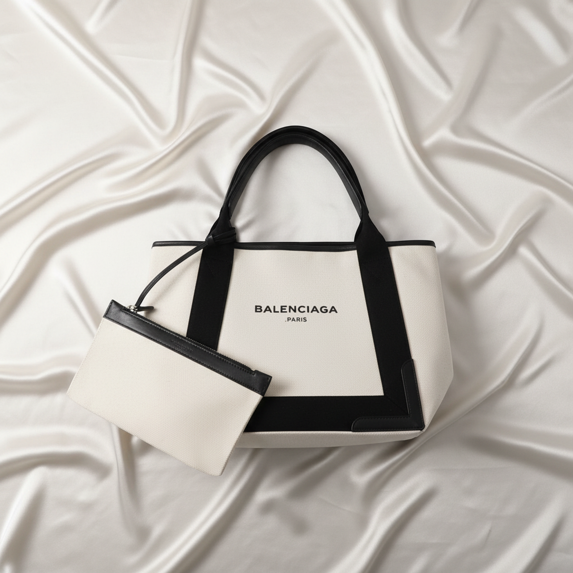 Balenciaga Navy Cabas S 339933 Women's Canvas,Leather Handbag Black,Off-white