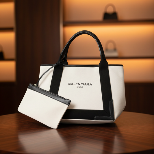 Balenciaga Navy Cabas S 339933 Women's Canvas,Leather Handbag Black,Off-white