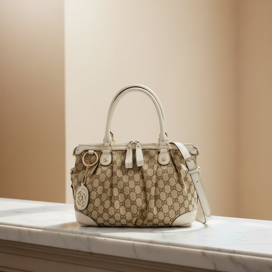 Gucci Sukey 247902 Women's Leather,GG Canvas Handbag,Shoulder Bag Beige,Off-white