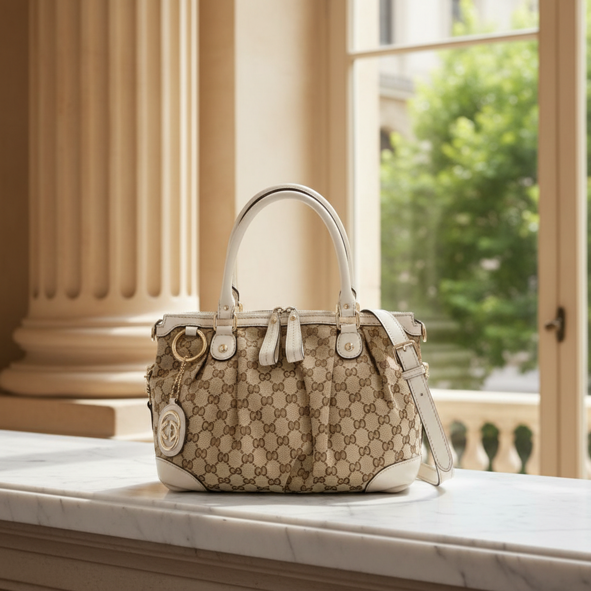 Gucci Sukey 247902 Women's Leather,GG Canvas Handbag,Shoulder Bag Beige,Off-white