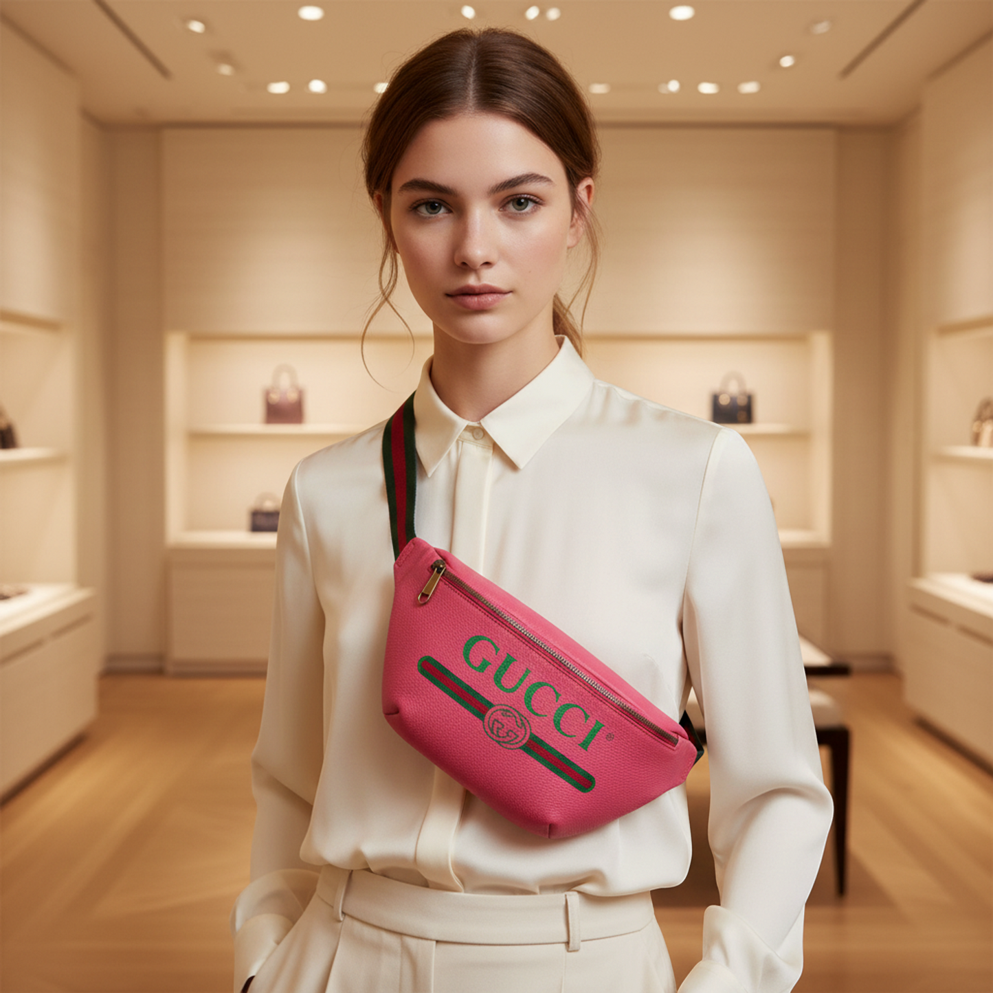 Gucci Logo Print 493869 Men,Women Leather Fanny Pack,Sling Bag Pink