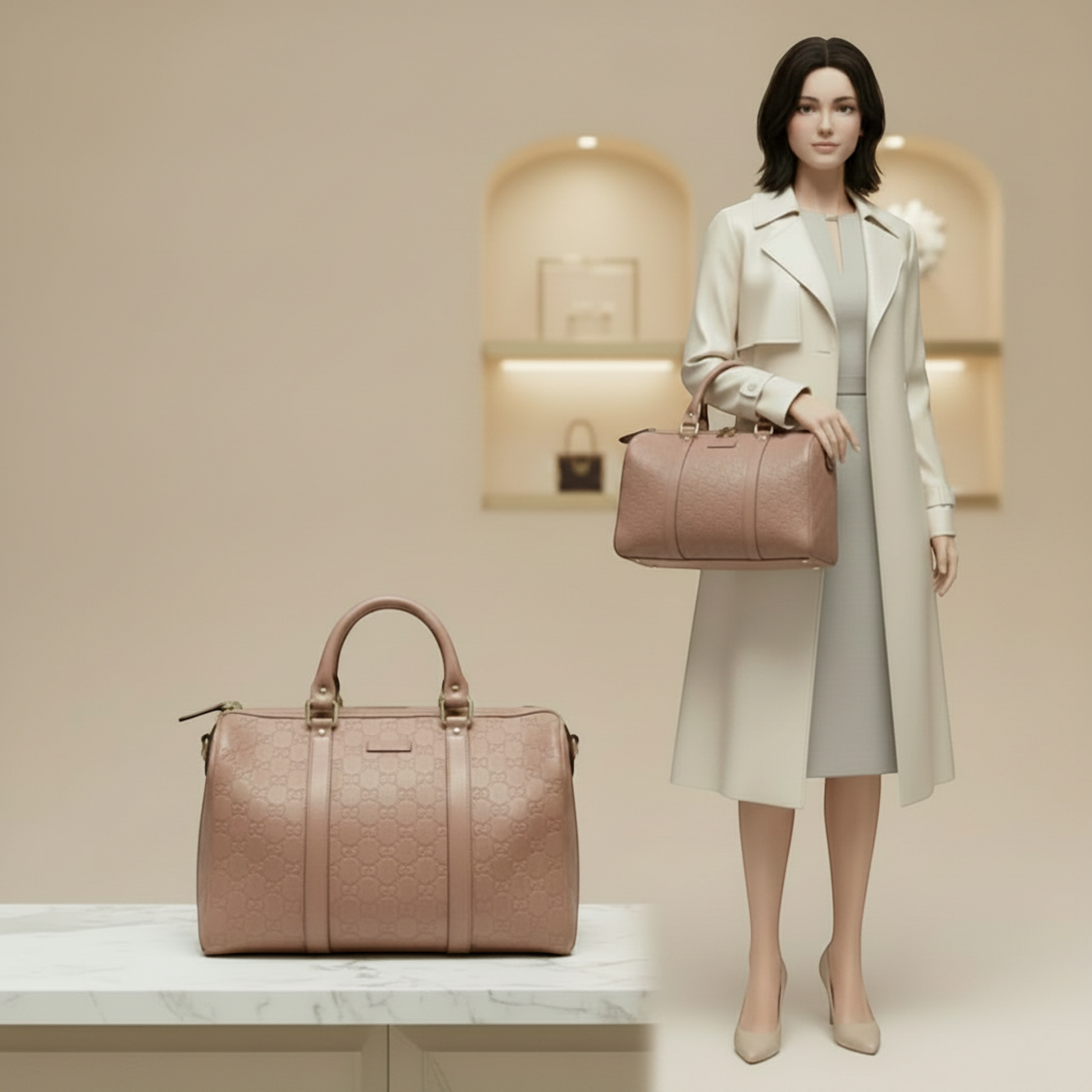 Gucci Guccissima 265697 Women's Leather Boston Bag,Handbag Pink Beige