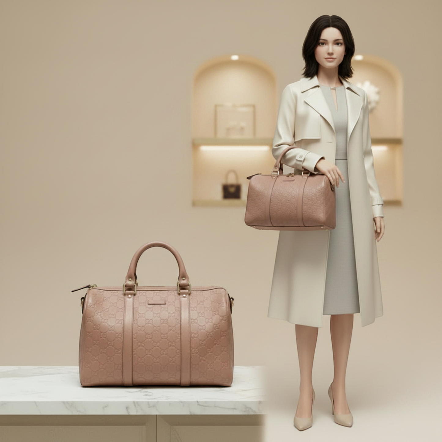 Gucci Guccissima 265697 Women's Leather Boston Bag,Handbag Pink Beige