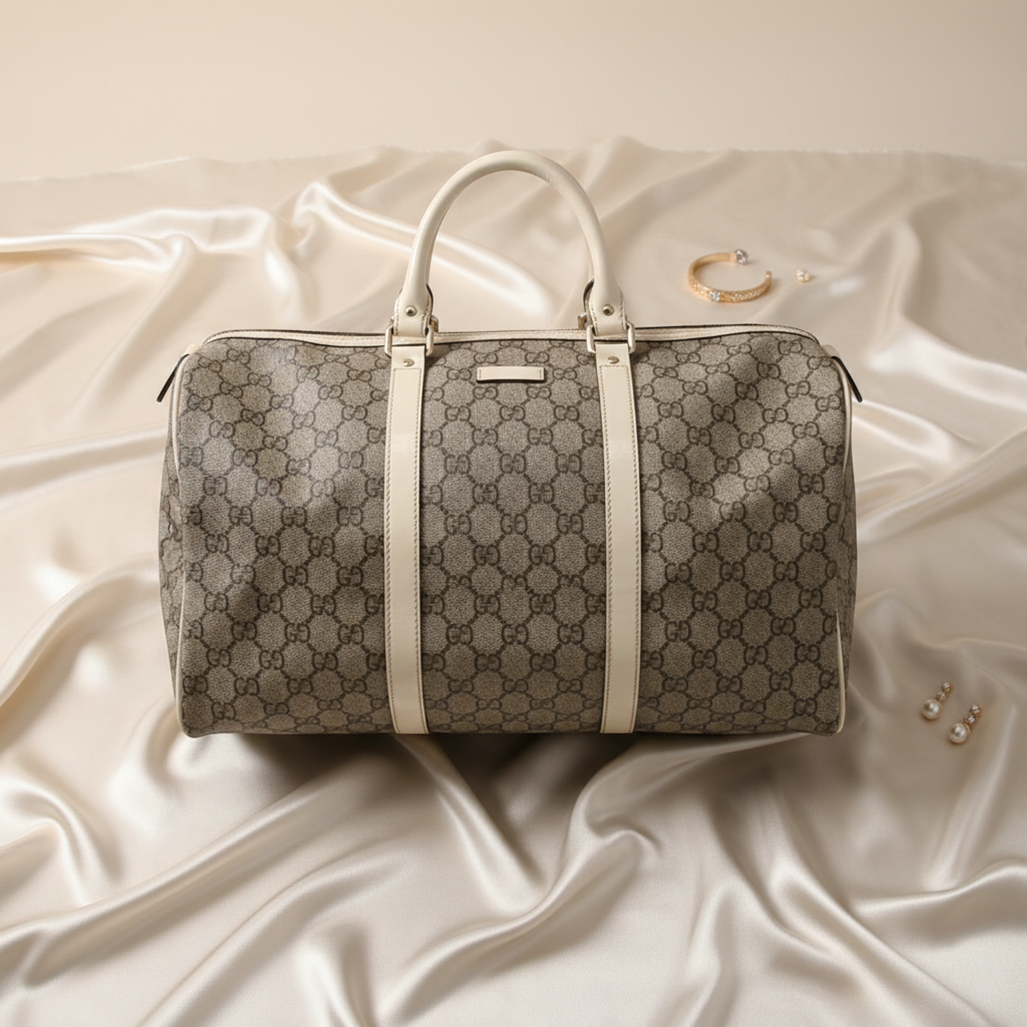 Gucci 193602 Women's GG Supreme,Leather Boston Bag,Handbag Light Beige,White