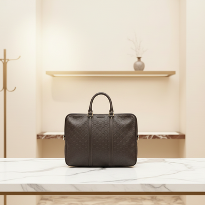 Gucci Guccissima 201480 Men's Leather Briefcase,Handbag Dark Brown