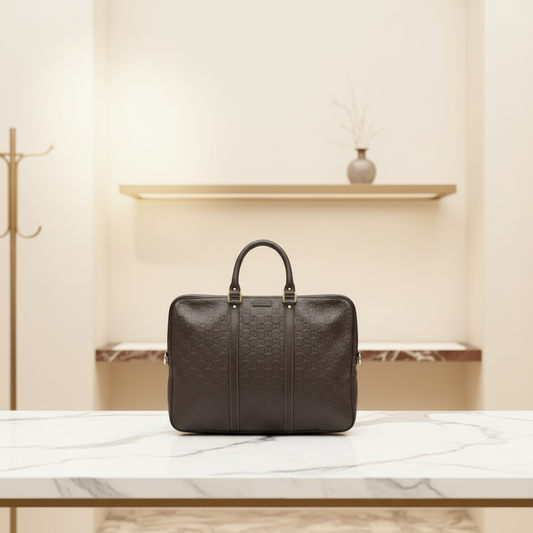 Gucci Guccissima 201480 Men's Leather Briefcase,Handbag Dark Brown