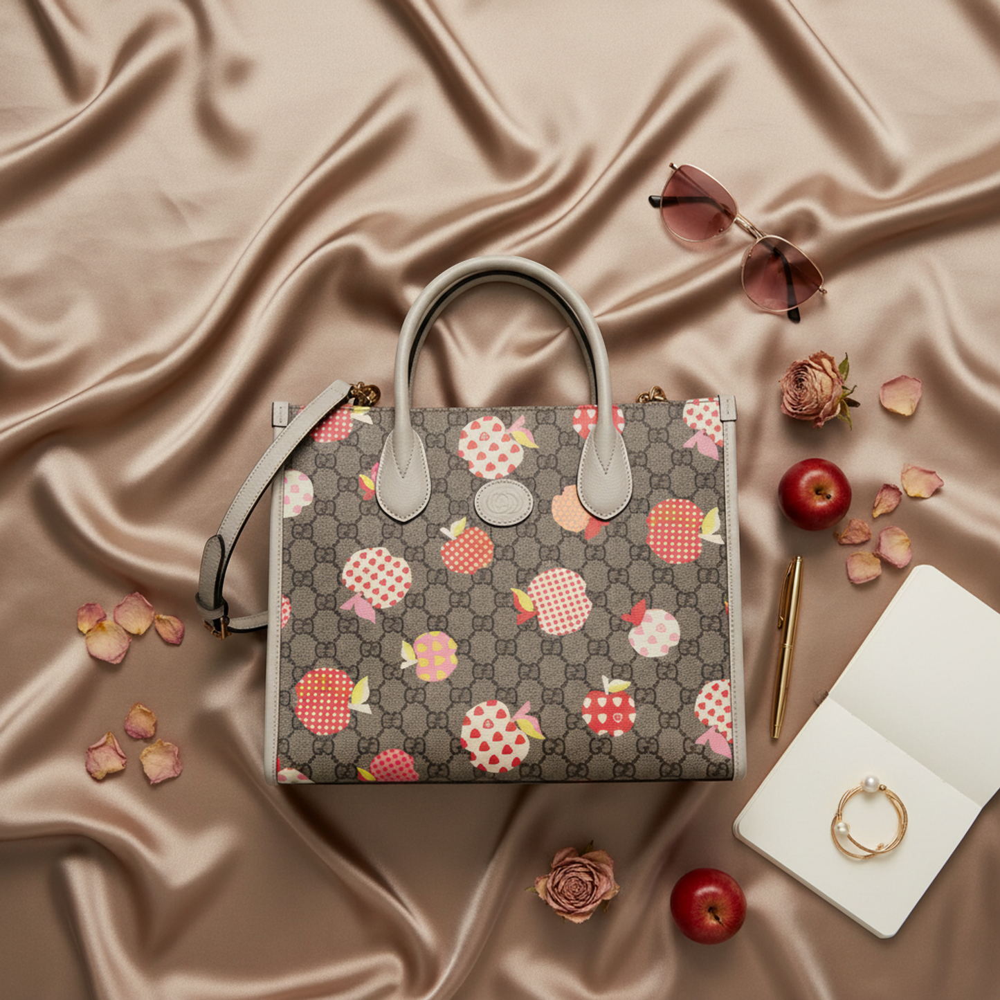 Gucci GG Supreme Apple Heart Reborn 659983 Women's Leather,GG Supreme Handbag,Shoulder Bag Beige,Brown,Cream,Multi-color