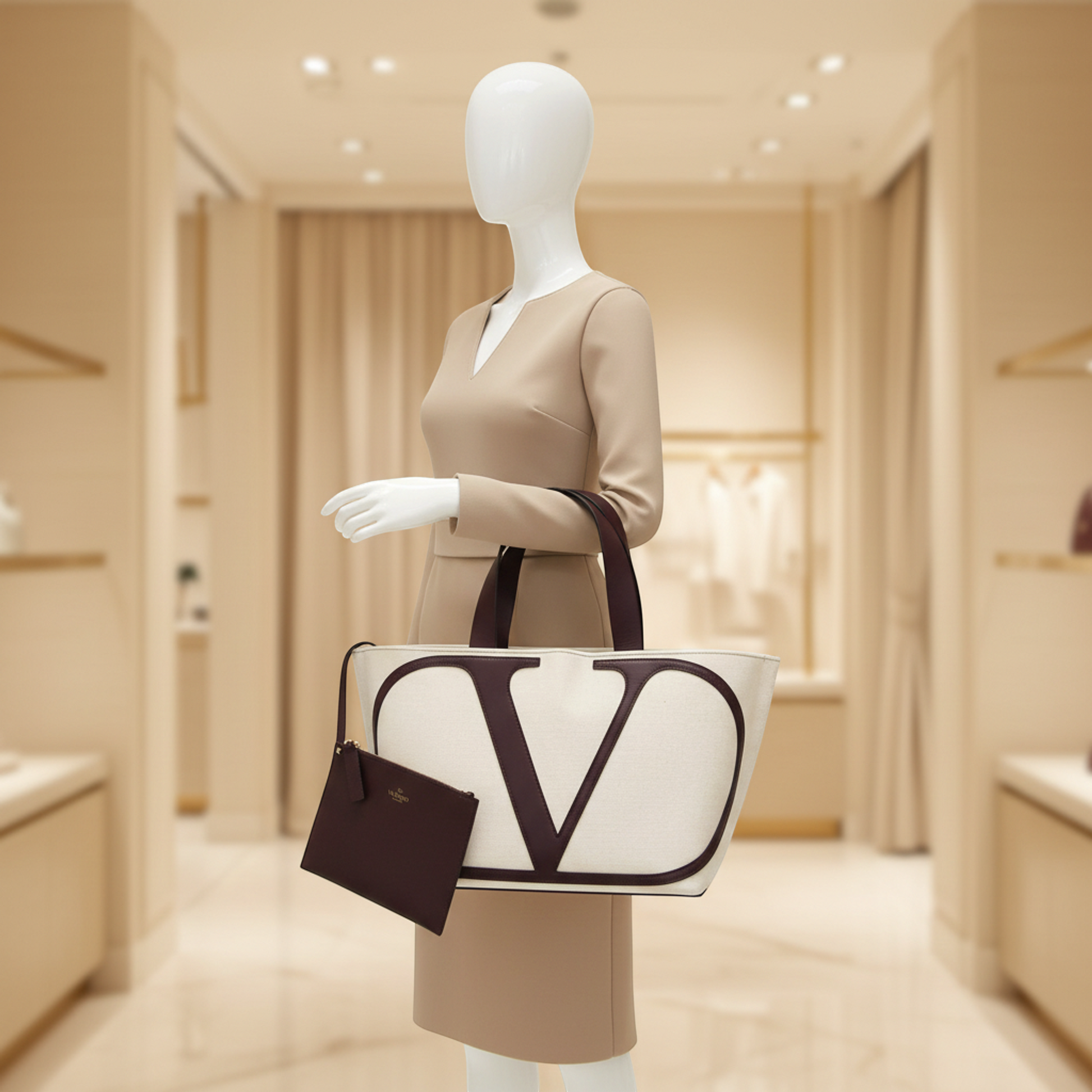 Valentino Garavani V Logo Pouch Included Women's Leather,Canvas Tote Bag Bordeaux,Cream