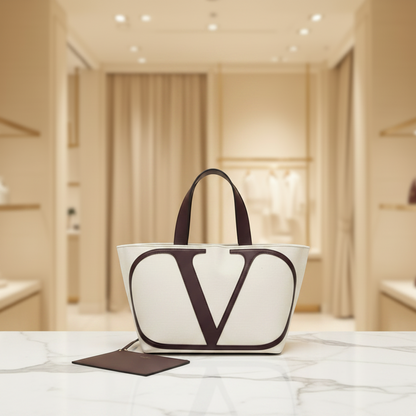 Valentino Garavani V Logo Pouch Included Women's Leather,Canvas Tote Bag Bordeaux,Cream