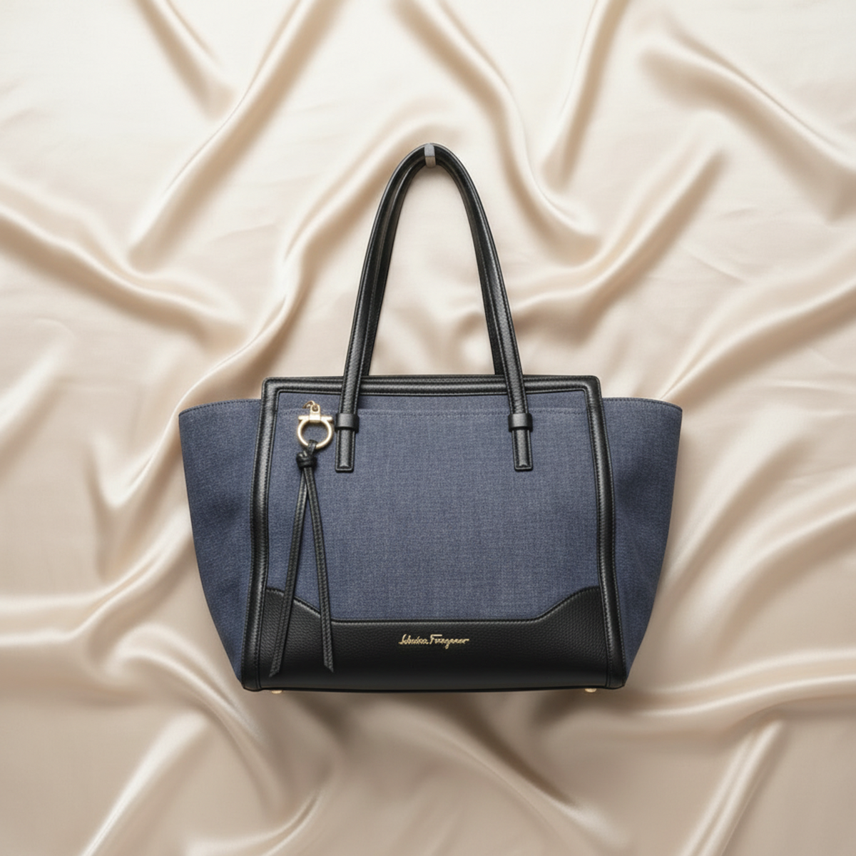 Salvatore Ferragamo Gancini Amy EZ-21 F759 Women's Denim,Leather Tote Bag Black,Navy