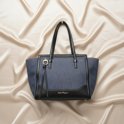 Salvatore Ferragamo Gancini Amy EZ-21 F759 Women's Denim,Leather Tote Bag Black,Navy