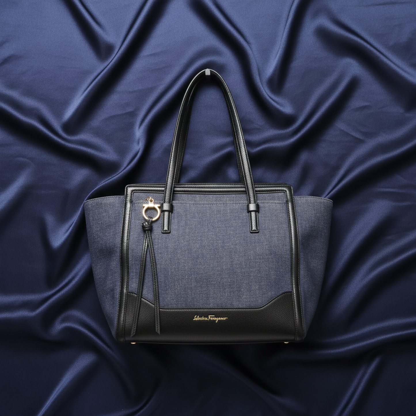 Salvatore Ferragamo Gancini Amy EZ-21 F759 Women's Denim,Leather Tote Bag Black,Navy