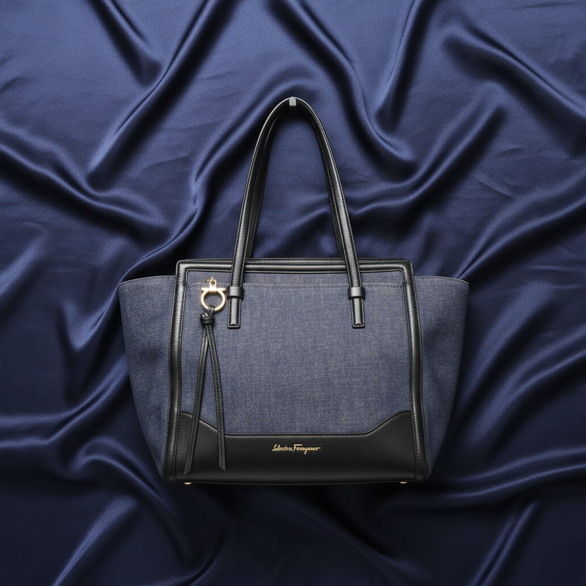 Salvatore Ferragamo Gancini Amy EZ-21 F759 Women's Denim,Leather Tote Bag Black,Navy