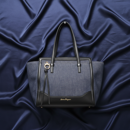 Salvatore Ferragamo Gancini Amy EZ-21 F759 Women's Denim,Leather Tote Bag Black,Navy