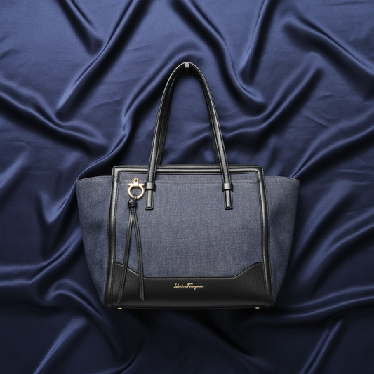 Salvatore Ferragamo Gancini Amy EZ-21 F759 Women's Denim,Leather Tote Bag Black,Navy