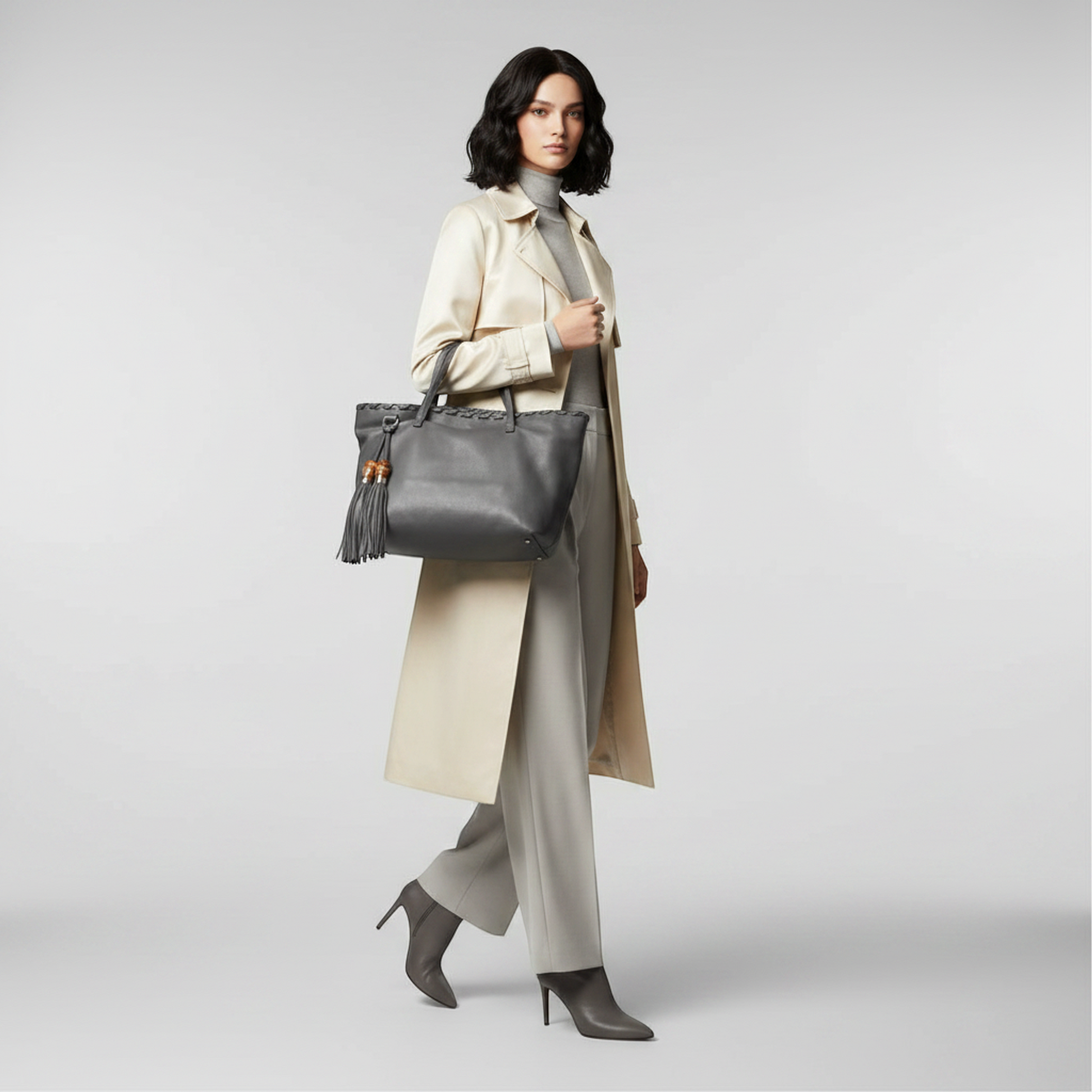 Gucci Bamboo Tassel 354665 Women's Leather Tote Bag Gray