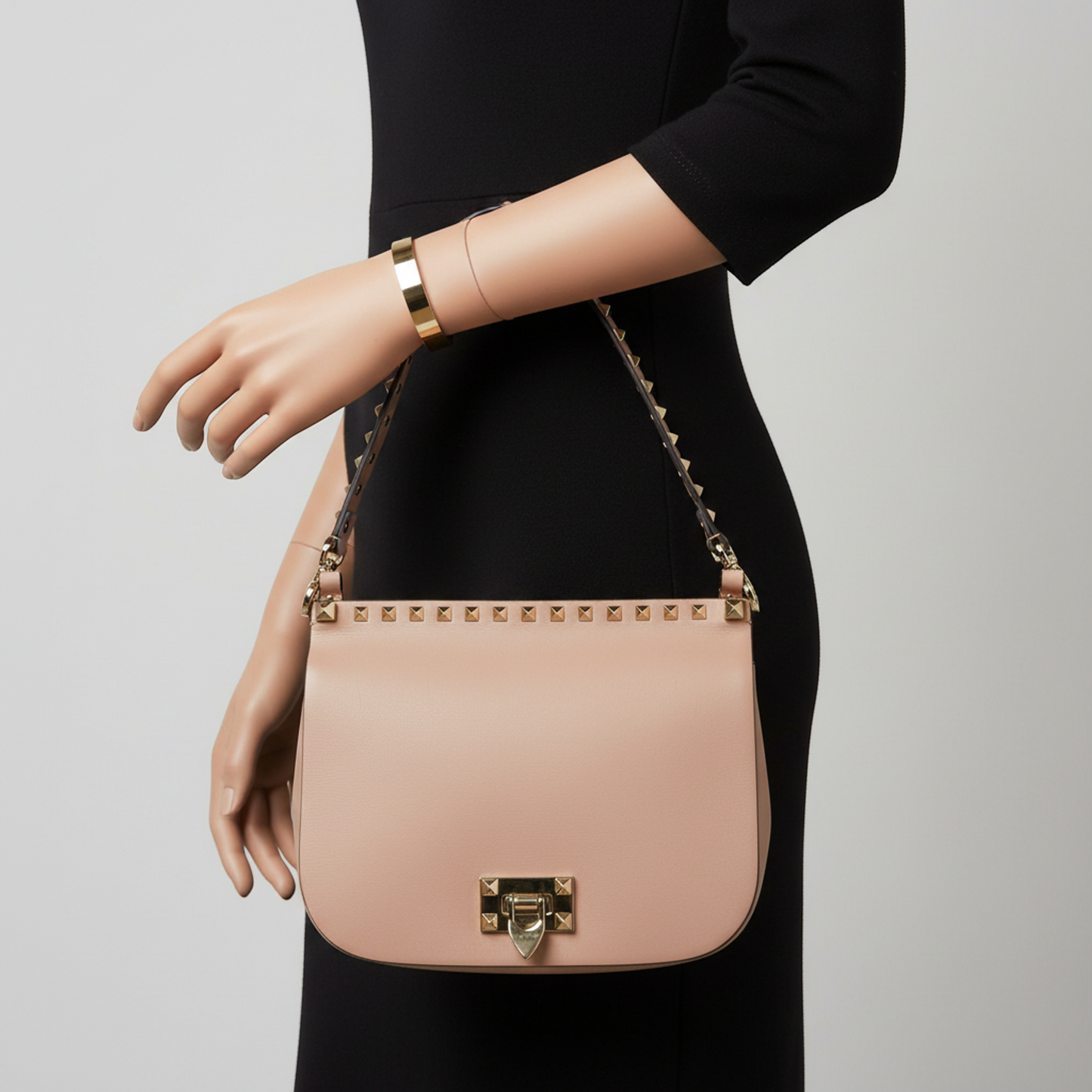Valentino Garavani Rockstud TW2B0F56XVJ Women's Leather Shoulder Bag Pink Beige