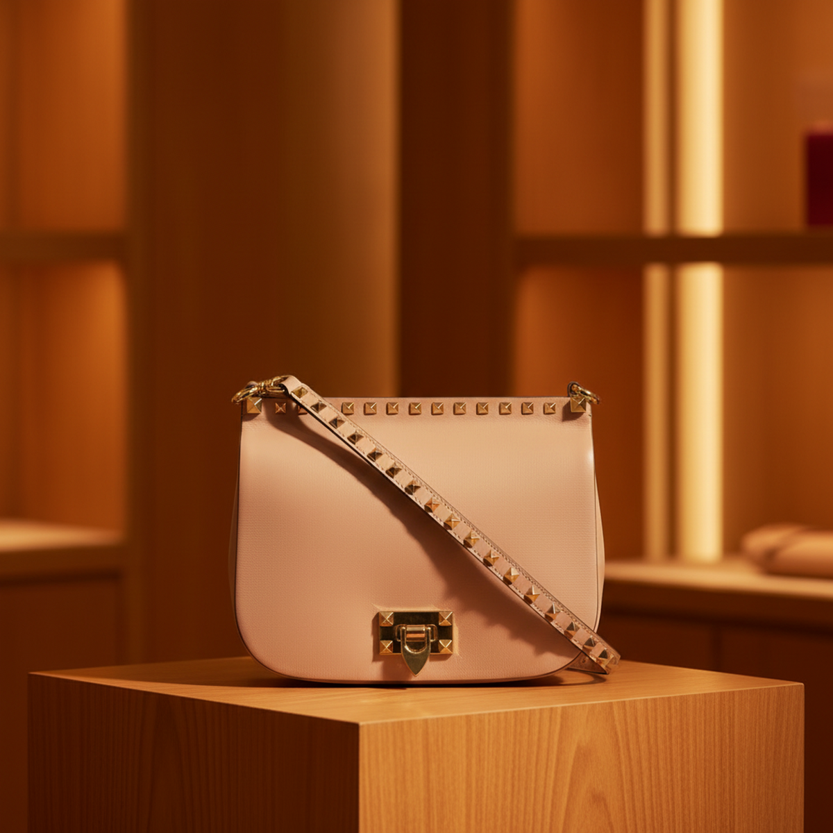 Valentino Garavani Rockstud TW2B0F56XVJ Women's Leather Shoulder Bag Pink Beige