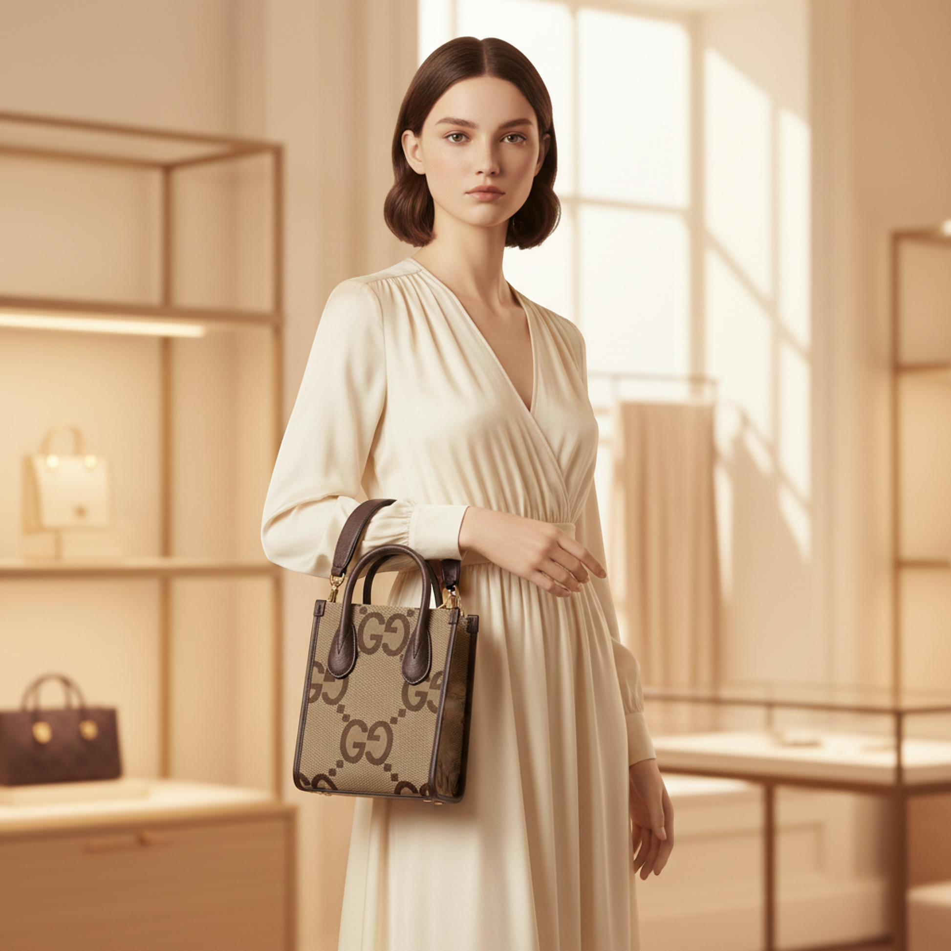 Gucci Jumbo GG Mini 699406 Women's Canvas,Leather Handbag,Shoulder Bag Beige,Dark Brown