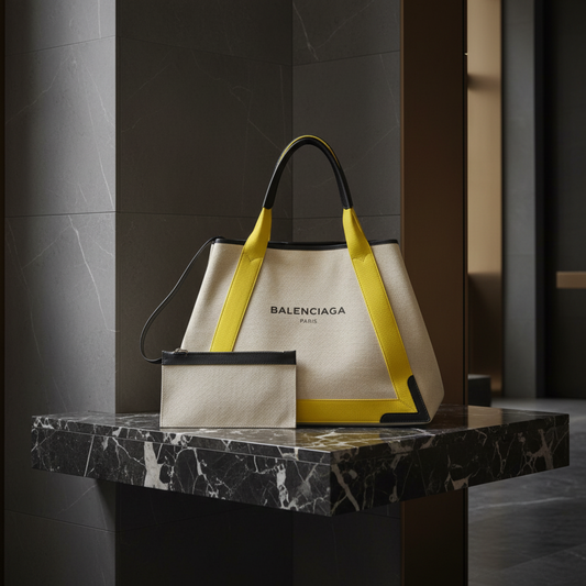 Balenciaga Navy Cabas M 339936 Men,Women Vinyl Coated Canvas,Leather Handbag,Shoulder Bag,Tote Bag Black,Off-white,Yellow