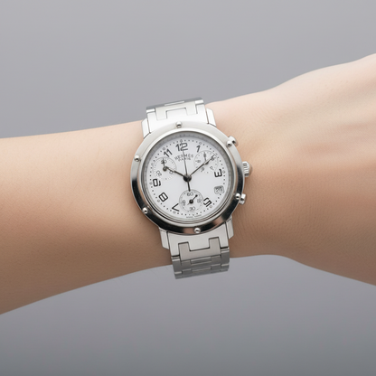 HERMES Clipper Chronograph Steel Quartz Ladies Watch CL1.310 Polished