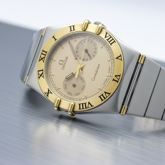 OMEGA Constellation Day Date 18K Gold Steel Quartz Mens Watch 396.1070 Polished