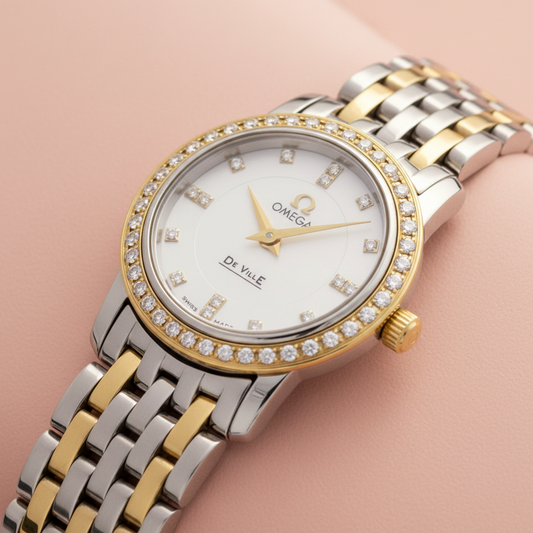 OMEGA De Ville Prestige Diamond MOP Dial 18K Gold Steel Watch 4375.75 Polished