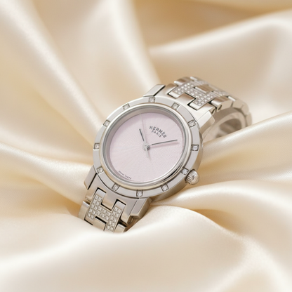 HERMES Clipper Diamond Pink MOP Quartz Ladies Watch CL4.230 Polished