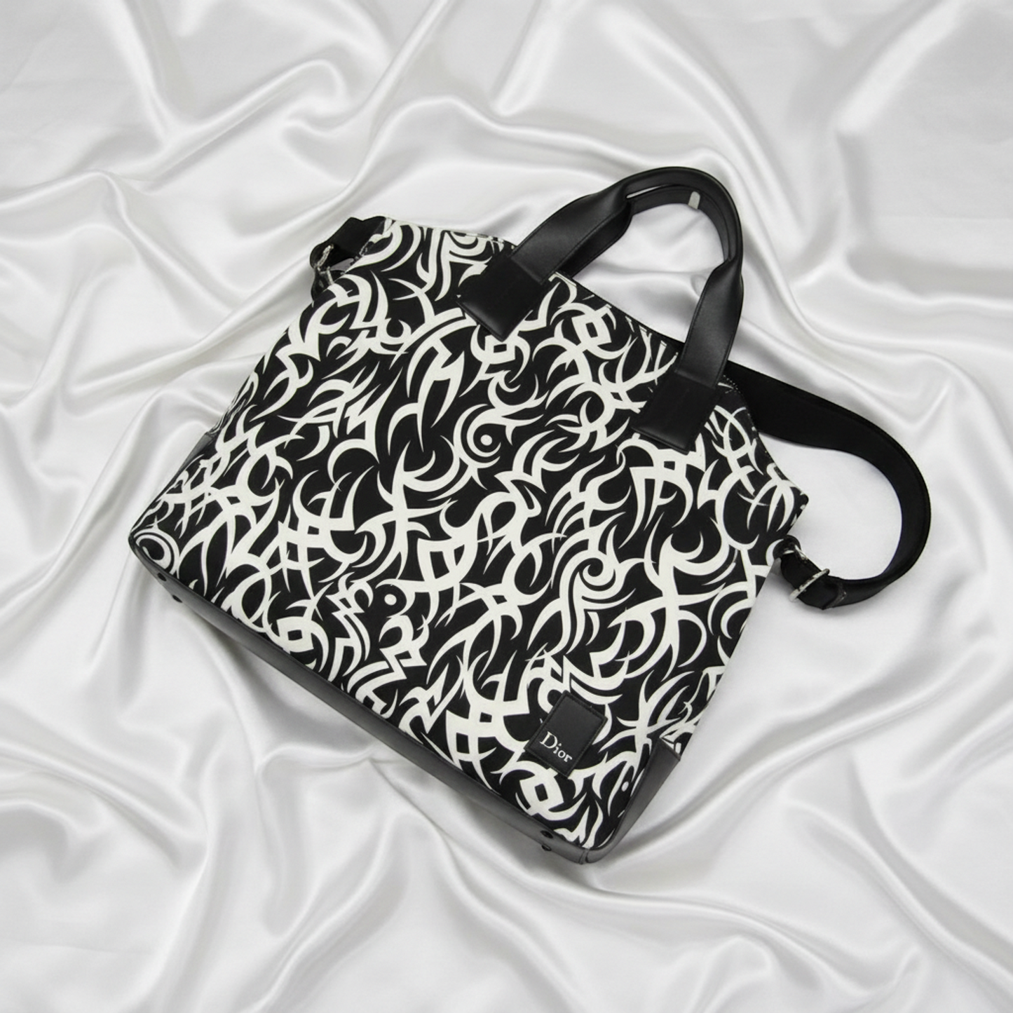 Dior Homme Tribal Motifs Men's Nylon,Leather Handbag,Shoulder Bag Black,White