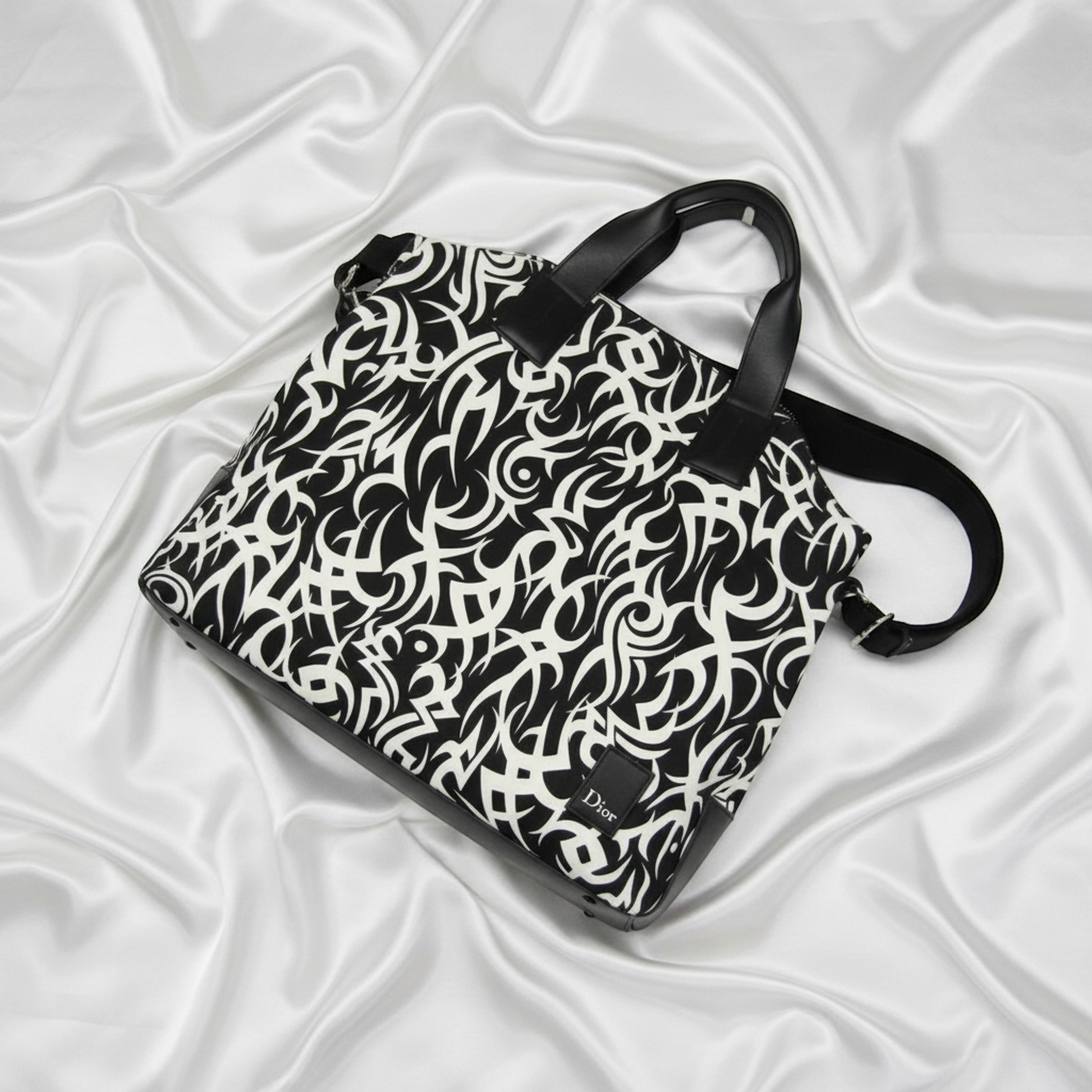 Dior Homme Tribal Motifs Men's Nylon,Leather Handbag,Shoulder Bag Black,White