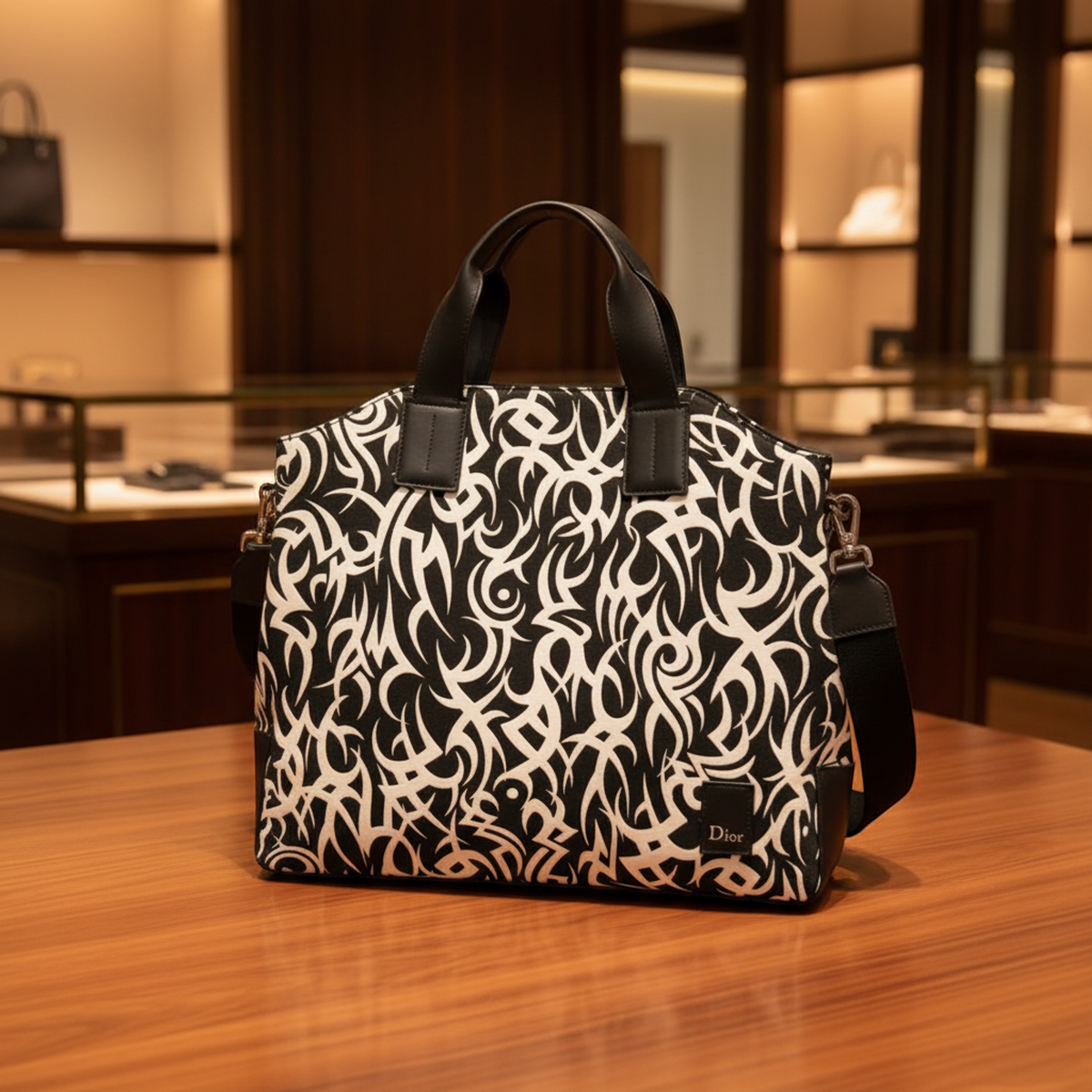 Dior Homme Tribal Motifs Men's Nylon,Leather Handbag,Shoulder Bag Black,White