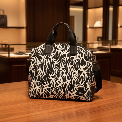 Dior Homme Tribal Motifs Men's Nylon,Leather Handbag,Shoulder Bag Black,White