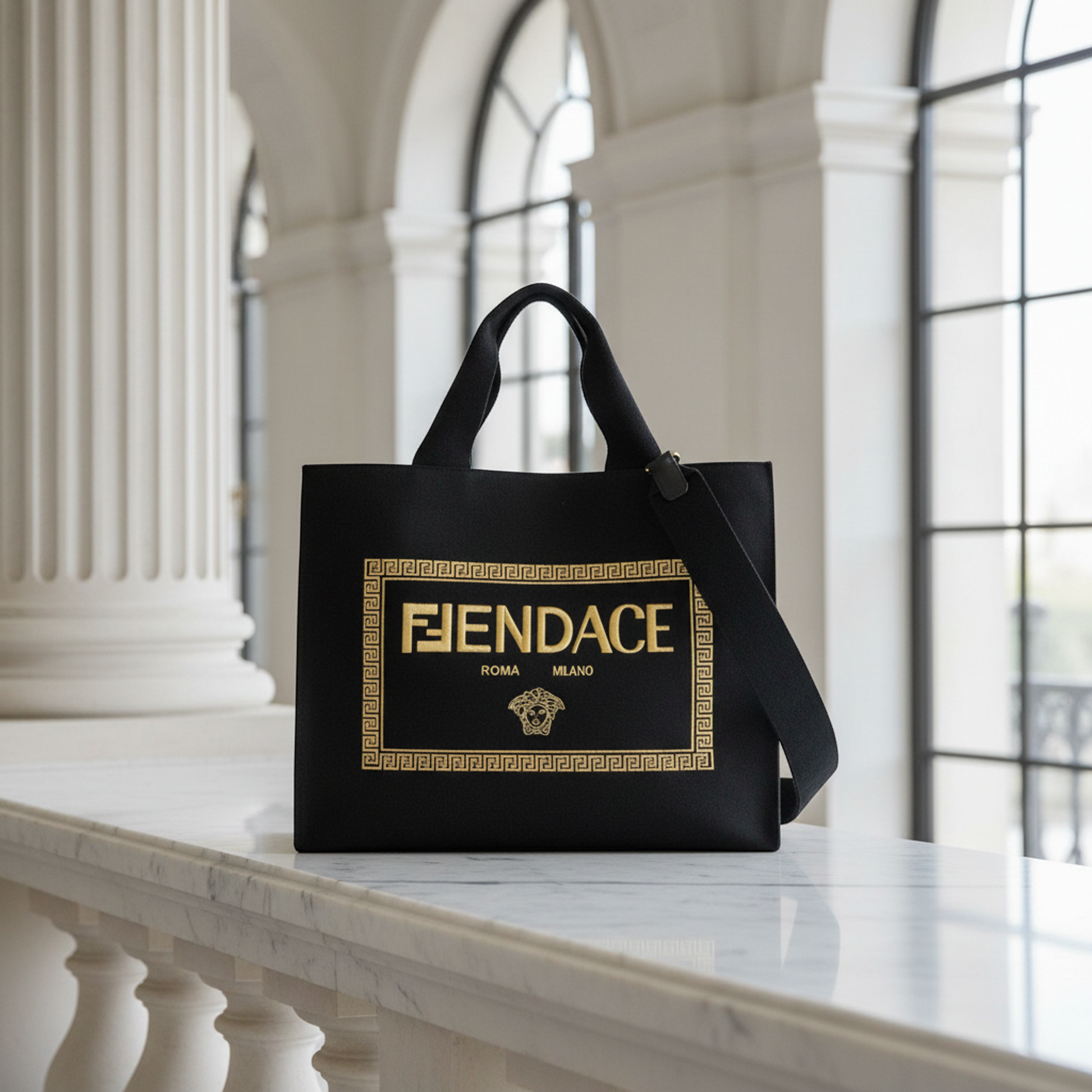 Fendi FENDI X Versace Fendace 1006607 Men,Women Canvas Shoulder Bag,Tote Bag Gold,Black