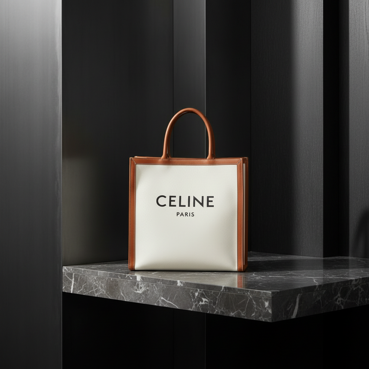 Celine Vertical Cabas Large Women's Leather,Canvas Shoulder Bag,Tote Bag Light Brown,Off-white