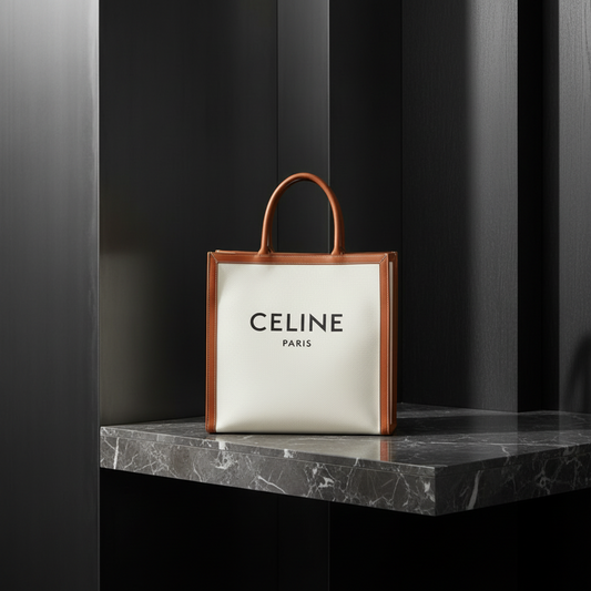 Celine Vertical Cabas Large Women's Leather,Canvas Shoulder Bag,Tote Bag Light Brown,Off-white