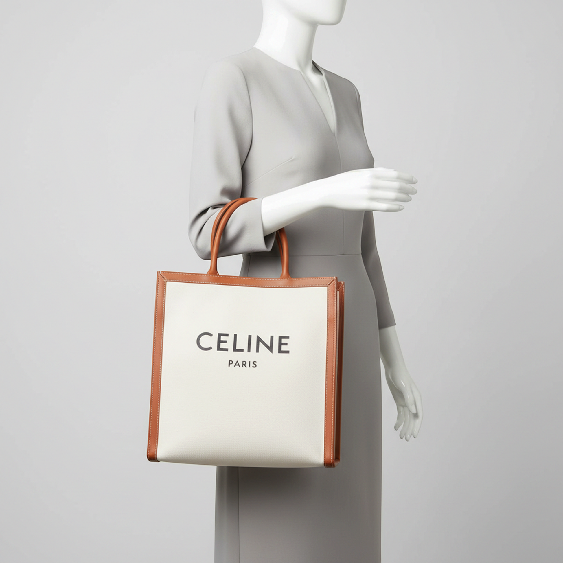 Celine Vertical Cabas Large Women's Leather,Canvas Shoulder Bag,Tote Bag Light Brown,Off-white
