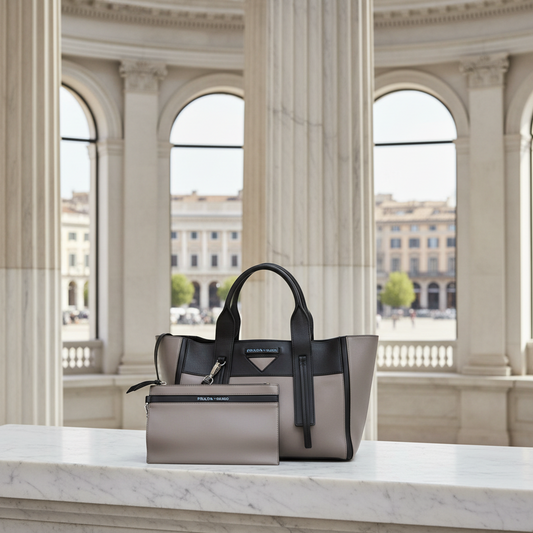 Prada Ouverture Women's Leather Shoulder Bag,Tote Bag Black,Gray