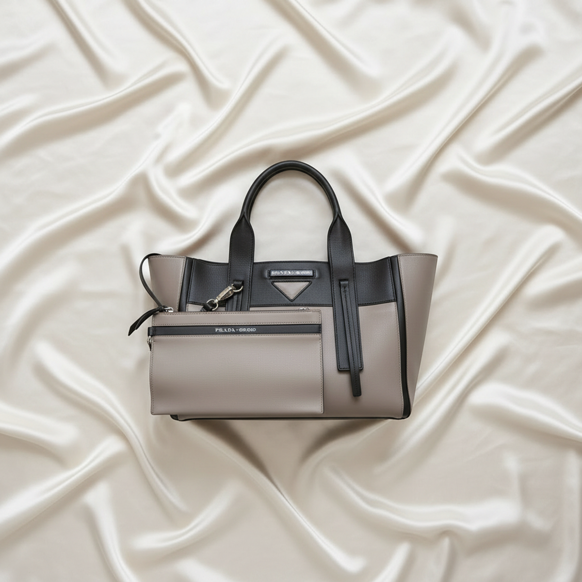 Prada Ouverture Women's Leather Shoulder Bag,Tote Bag Black,Gray