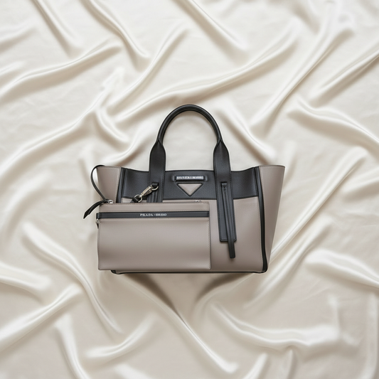 Prada Ouverture Women's Leather Shoulder Bag,Tote Bag Black,Gray