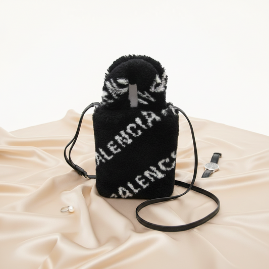 Balenciaga Everyday Phone Holder 596564 Women's Leather,Faux Fur Handbag,Shoulder Bag Black,White