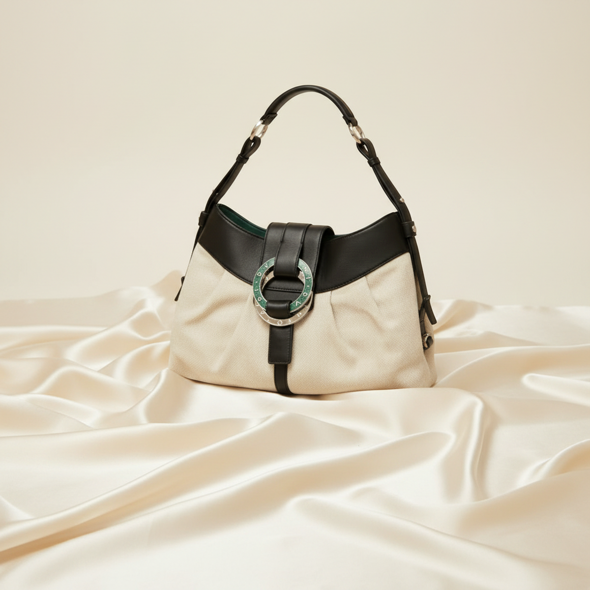 Bvlgari Chandra Women's Leather,Canvas Handbag,Shoulder Bag Black,Light Beige