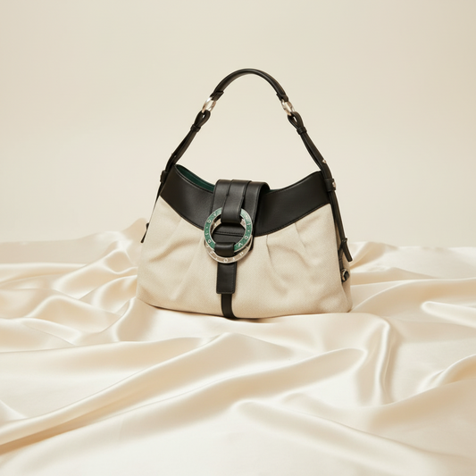 Bvlgari Chandra Women's Leather,Canvas Handbag,Shoulder Bag Black,Light Beige