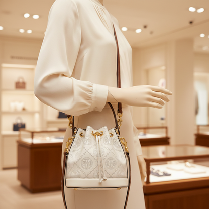 Tory Burch T Monogram Perforated Bucket Bag 80768 Women's Leather Handbag,Shoulder Bag Brown,Off-white
