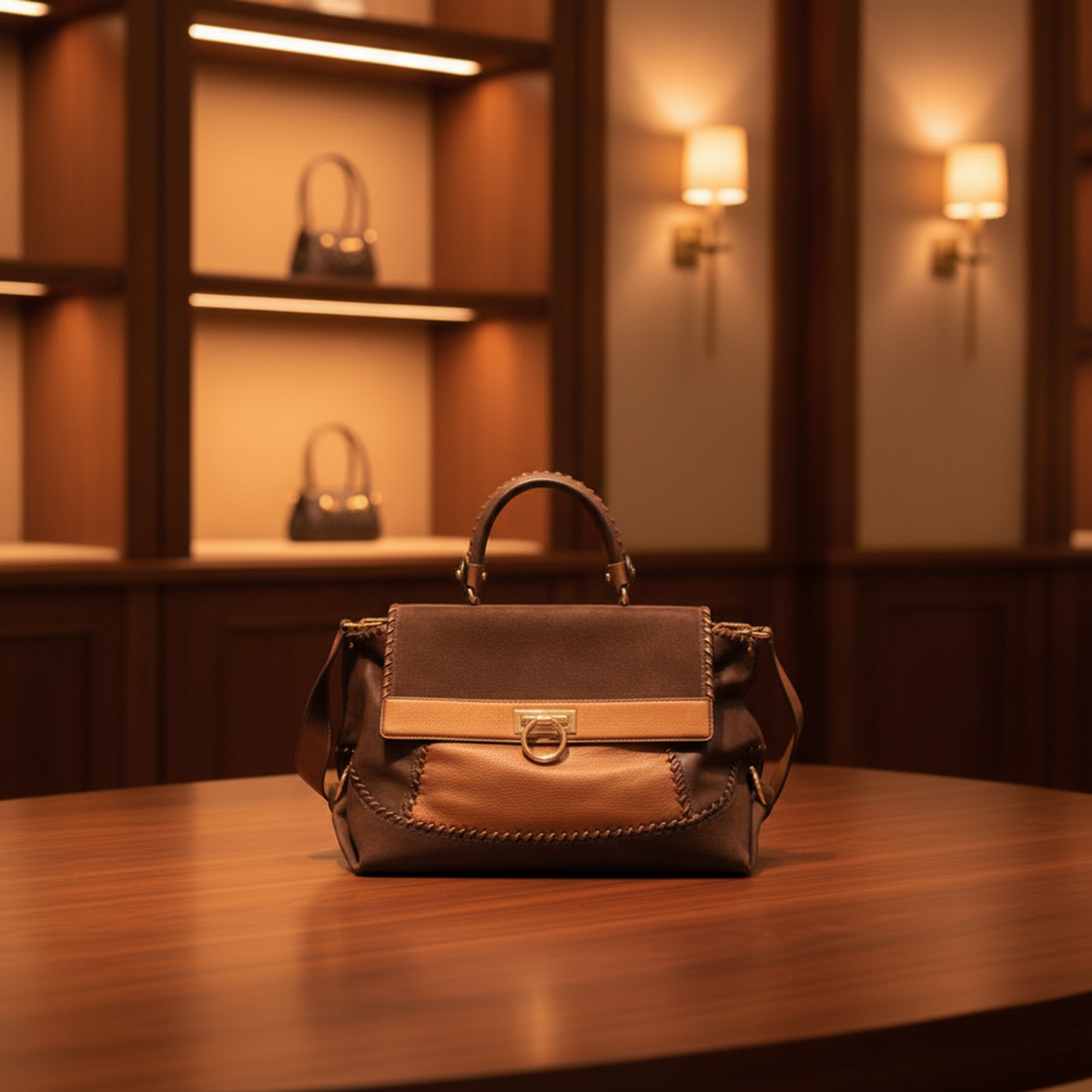 Salvatore Ferragamo Gancini Sophia DH-21 C032 Women's Leather,Suede Handbag,Shoulder Bag Bronze,Brown