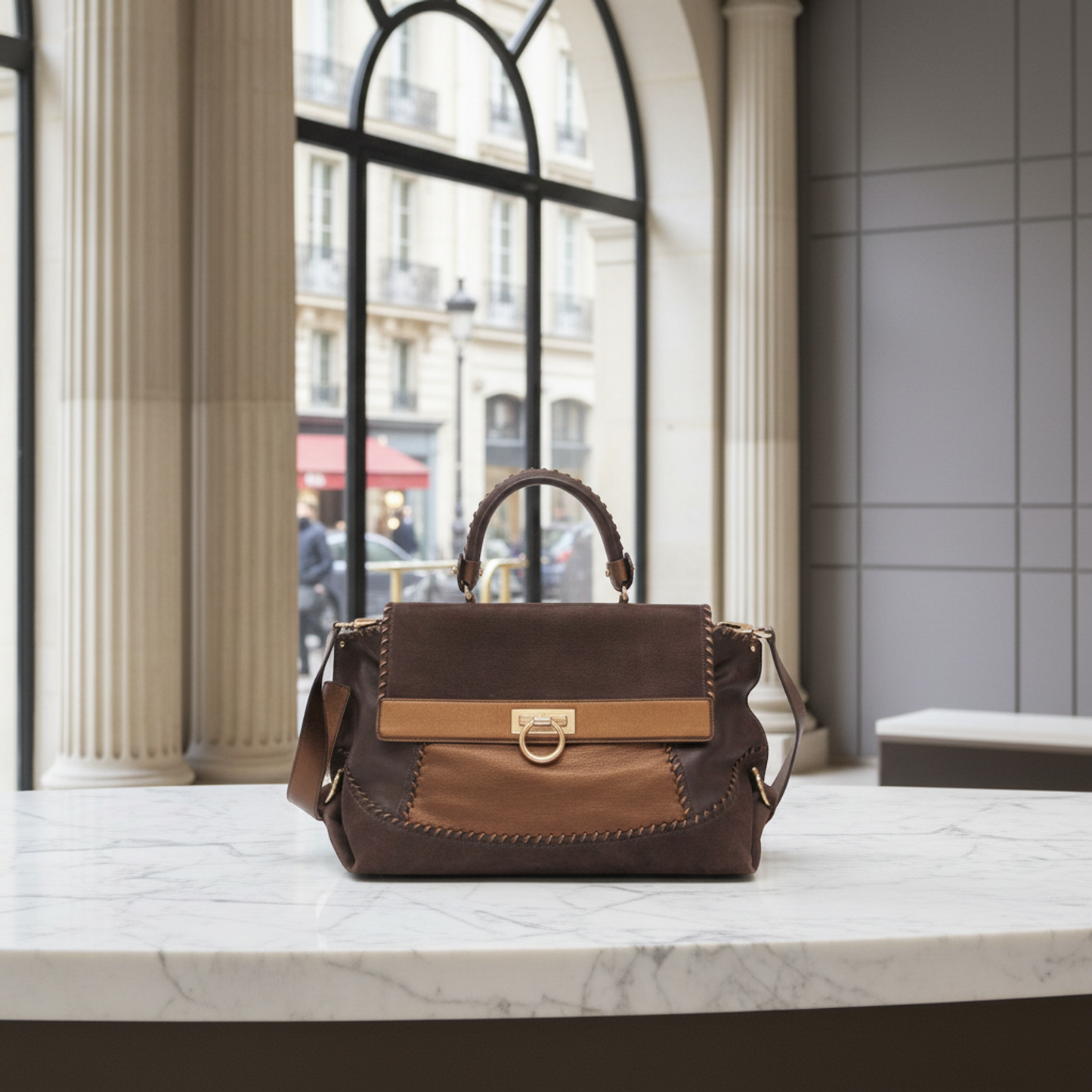 Salvatore Ferragamo Gancini Sophia DH-21 C032 Women's Leather,Suede Handbag,Shoulder Bag Bronze,Brown