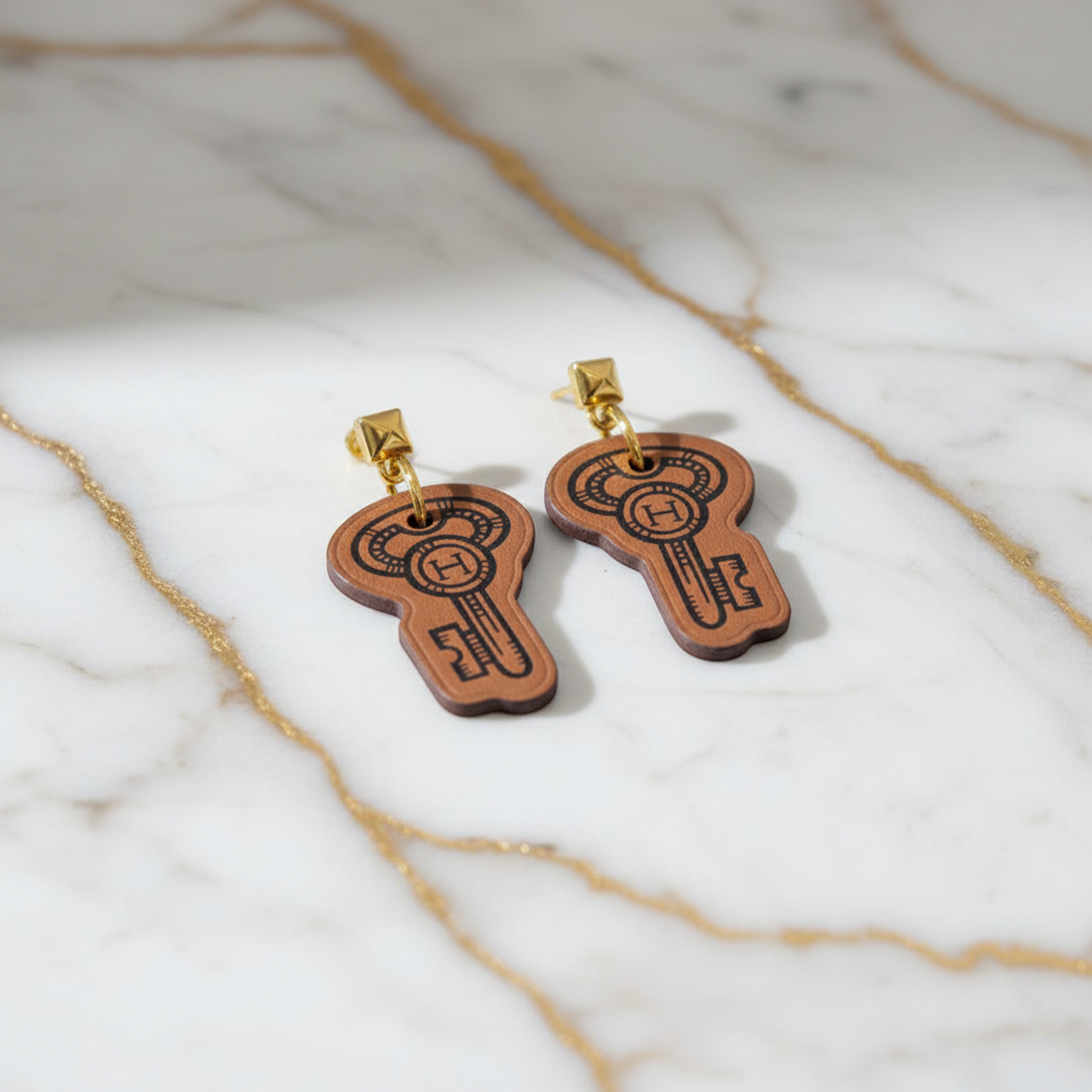 Hermes H Curiosité Cre Leather,Metal Drop Earrings Brown