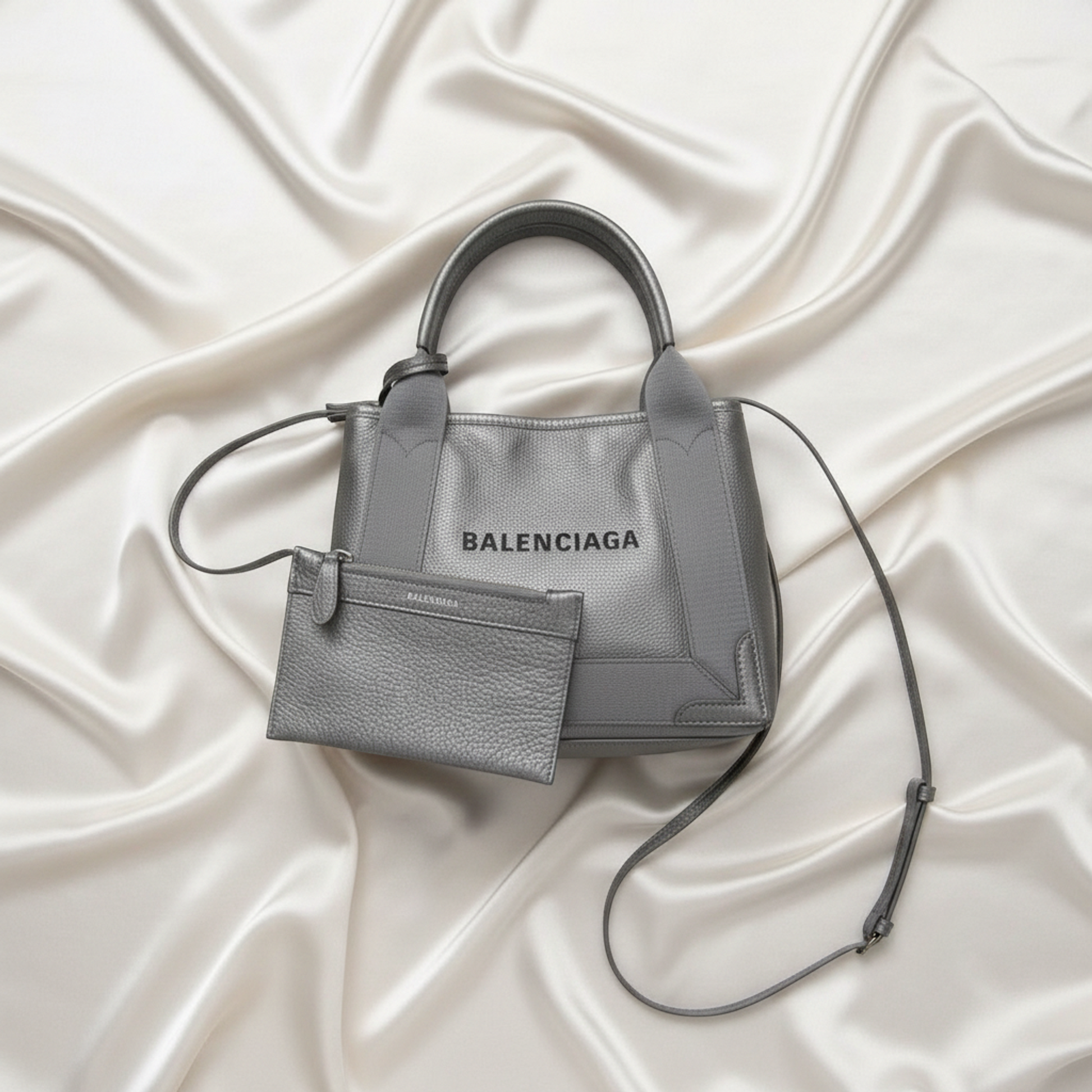 Balenciaga Navy Cabas XS 390346 Women's Leather Handbag,Shoulder Bag Silver