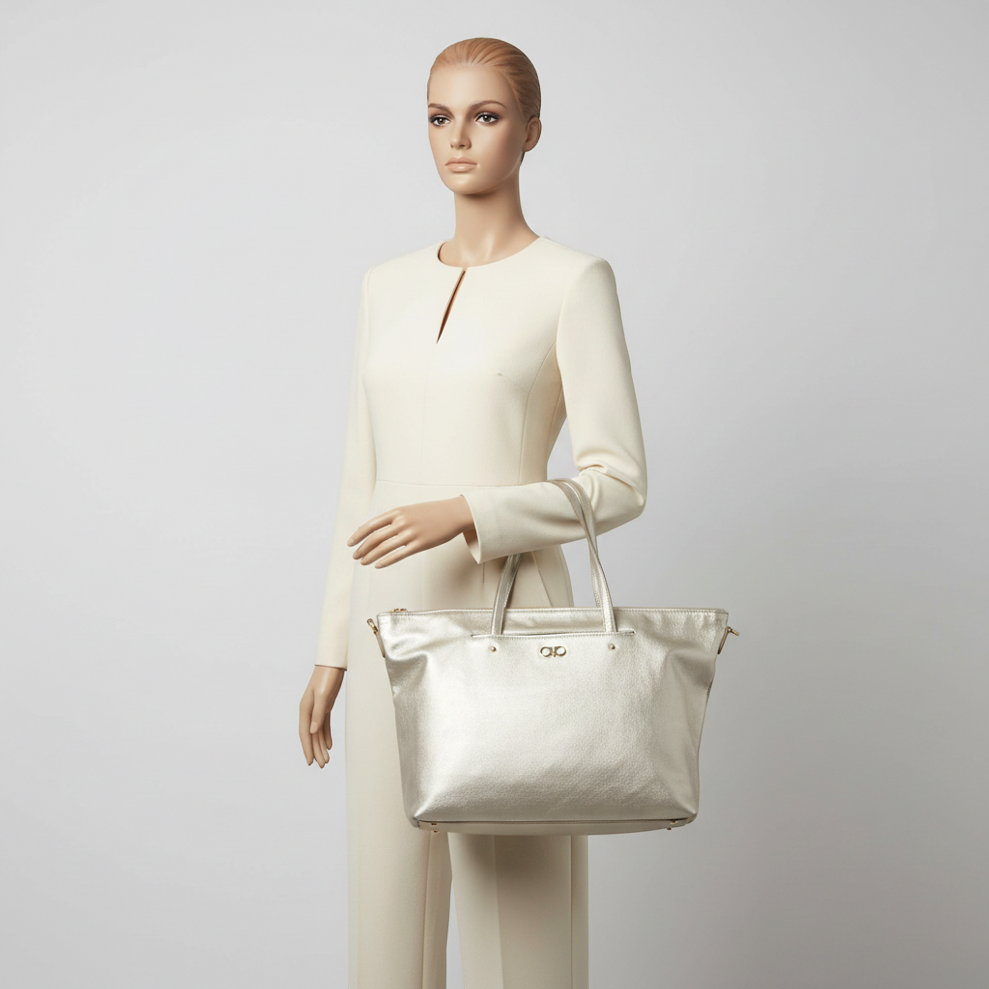 Salvatore Ferragamo Gancini AB-21 F651 Women's Leather Handbag,Shoulder Bag Champagne Gold
