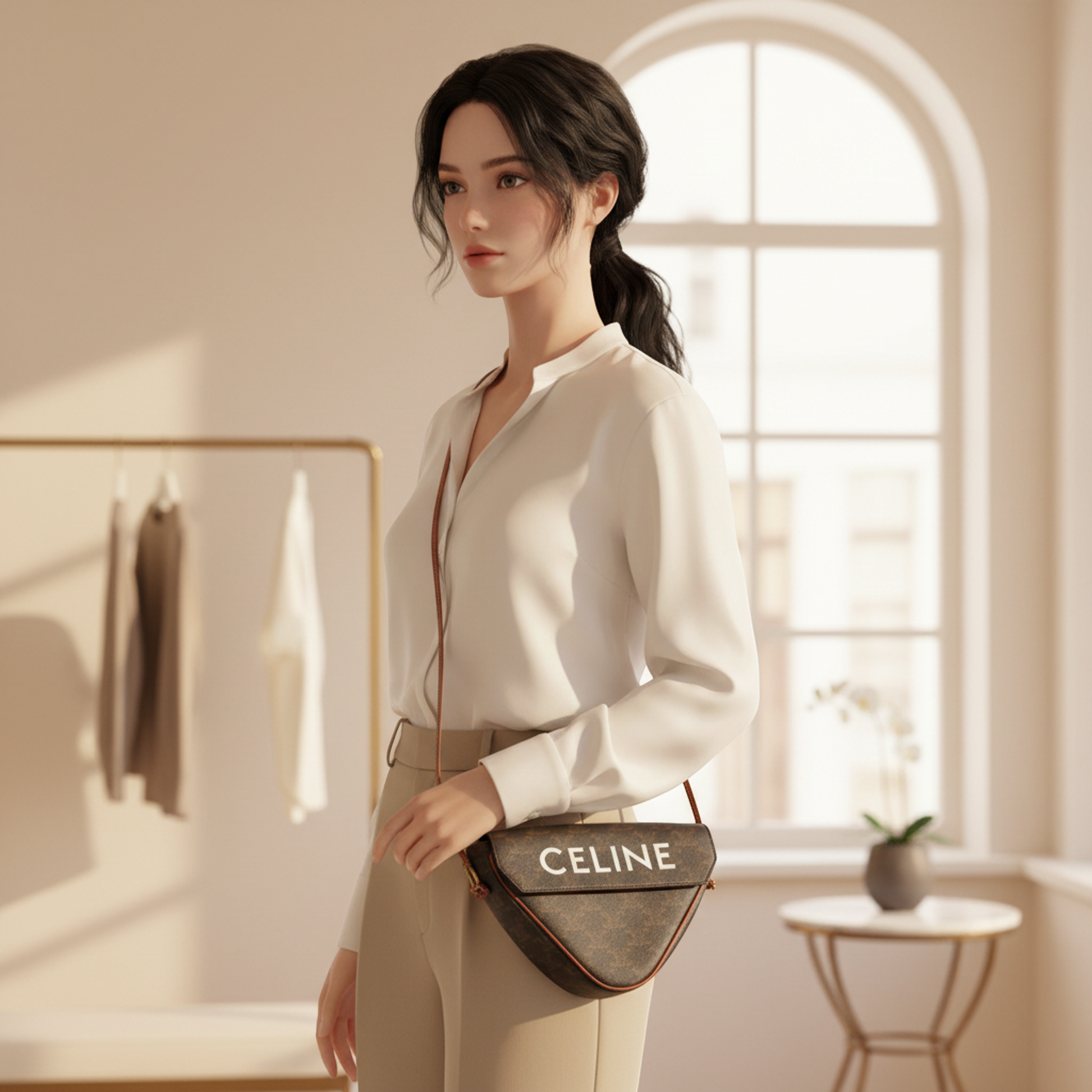 Celine Triomphe Triangle Women's Coated Canvas,Leather Shoulder Bag Black,Brown