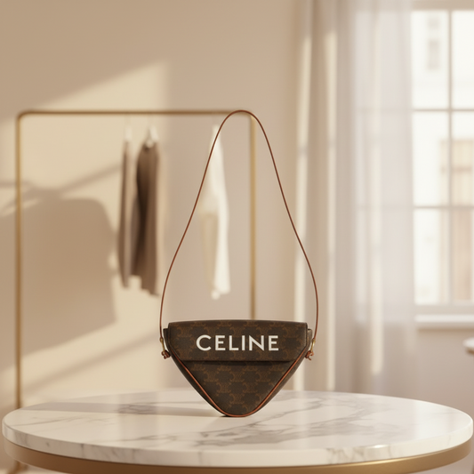 Celine Triomphe Triangle Women's Coated Canvas,Leather Shoulder Bag Black,Brown